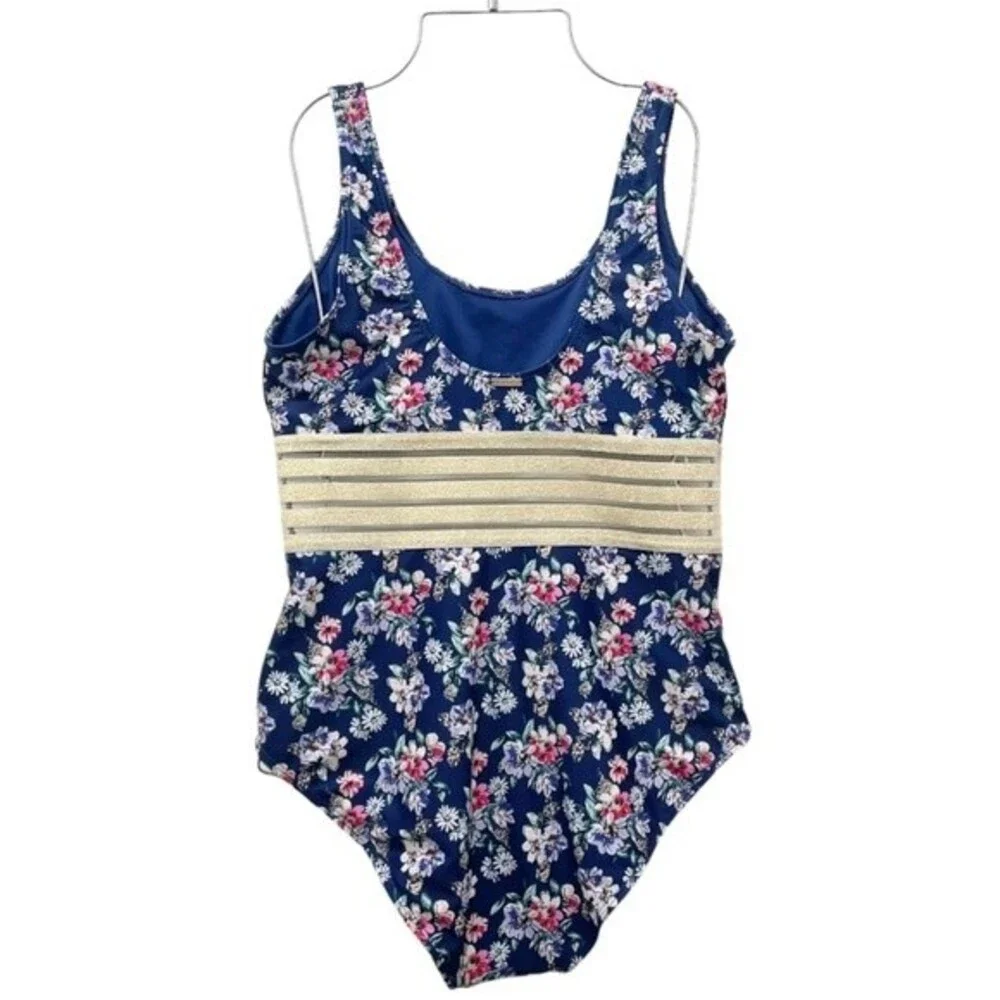 Nicole Miller Navy Floral Shimmer-Band One-Piece Swimsuit Women’s Size Large